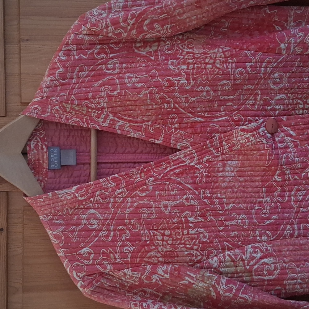 Sigrid Olsen 100% Silk Cream Coral Batik Lightweight Quilted Jacket Size Large - Picture 2 of 8